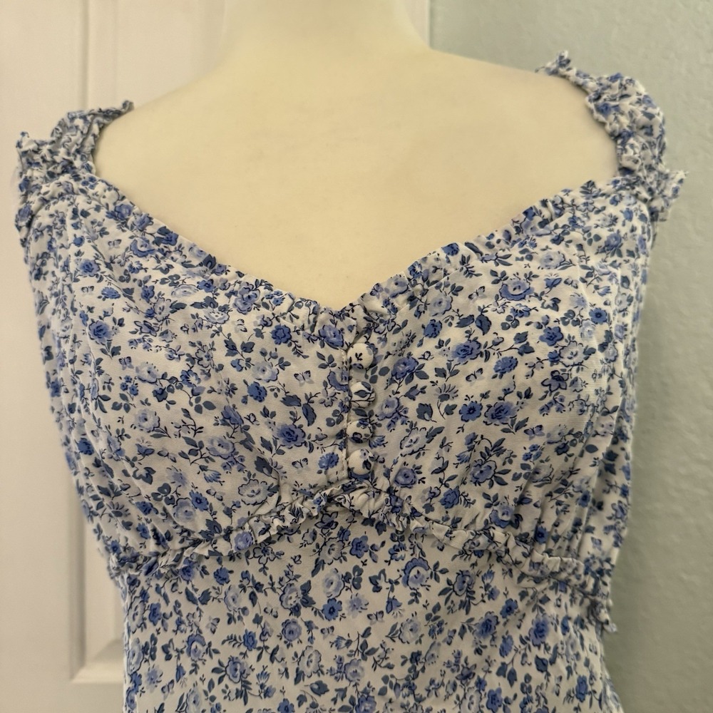 Gap Floral Midi Dress Size XL Floral Milkmaid Spring Coquette Blue White Smocked - Picture 7 of 9
